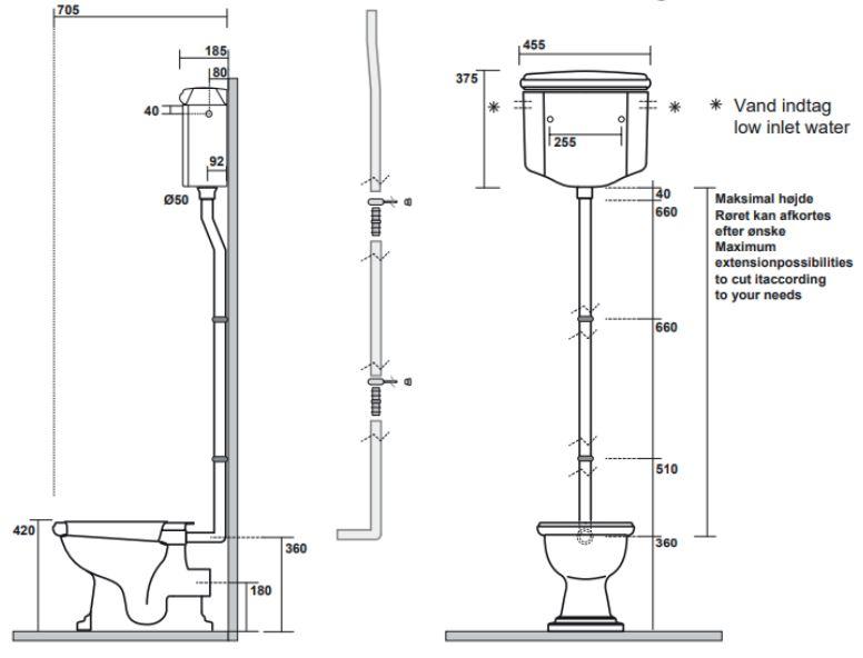 Retro HIGH toilet med messing r&oslash;r og P-l&aring;s - Blank Sort