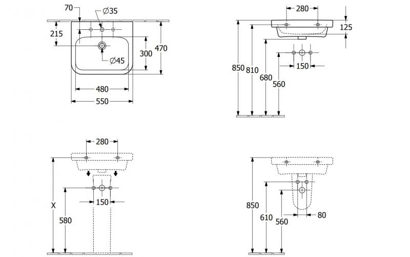 V&B Architectura 55 håndvask t/væg - 1/3 hanehuller V&B Architectura 55 håndvask t/væg - 1/3 hanehuller
