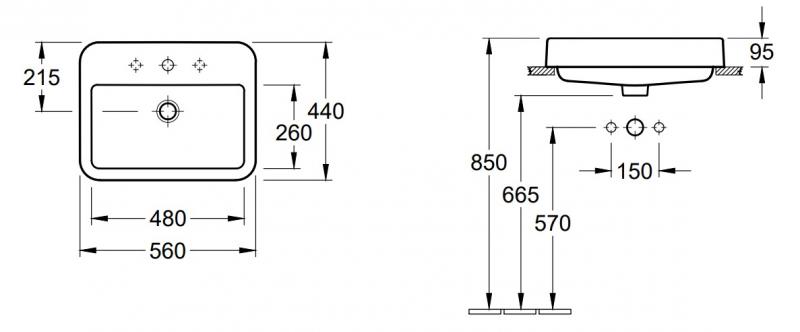 V&B Architectura 55 håndvask t/nedfældning - 1/3 hanehuller V&B Architectura 55 håndvask t/nedfældning - 1/3 hanehuller