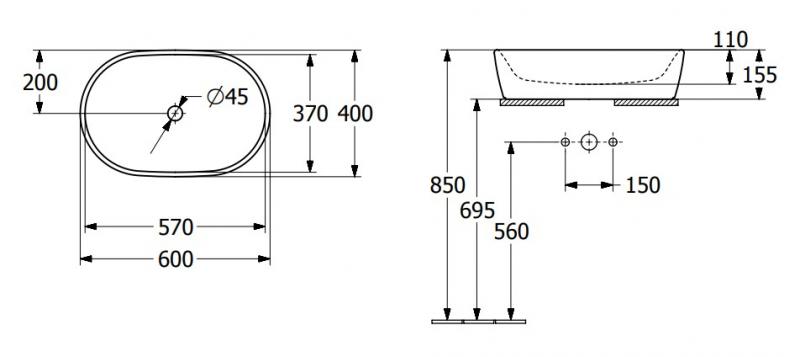V&B Architectura 60 fritstående bowlevask - Med overløb V&B Architectura 60 fritstående bowlevask - Med overløb