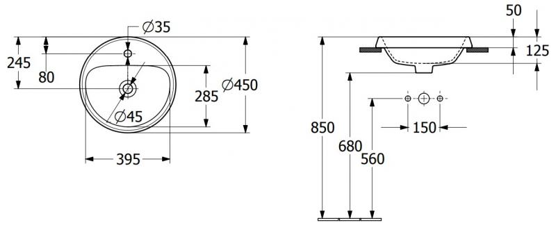 V&B Architectura Ø45 håndvask t/nedfældning - Med overløb - 1 hanehul V&B Architectura Ø45 håndvask t/nedfældning - Med overløb - 1 hanehul
