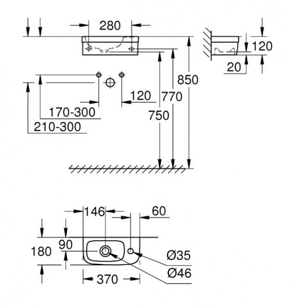 Grohe Euro 37 håndvask t/væg - 1 hanehul til højre Grohe Euro 37 håndvask t/væg - 1 hanehul til højre