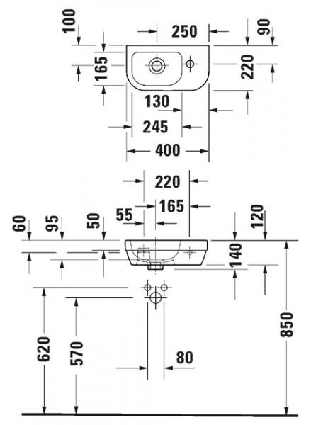 Duravit D-code 40 mini håndvask t/væg - 1 hanehul til højre