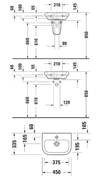 Duravit D-code 45 håndvask t/væg - 1 hanehul
