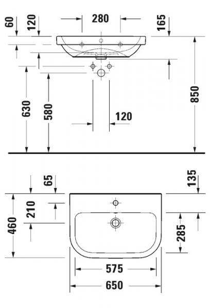 Duravit D-code 65 håndvask t/væg - 1 hanehul