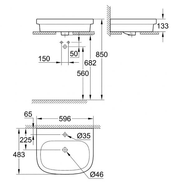 Grohe Euro 60 bowlevask op til væg - 1 hanehul - Med overløb Grohe Euro 60 bowlevask op til væg - 1 hanehul - Med overløb