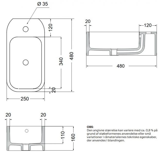 Lavabo Cosa 48 fritstående bowlevask - Med overløb - 1 hanehul