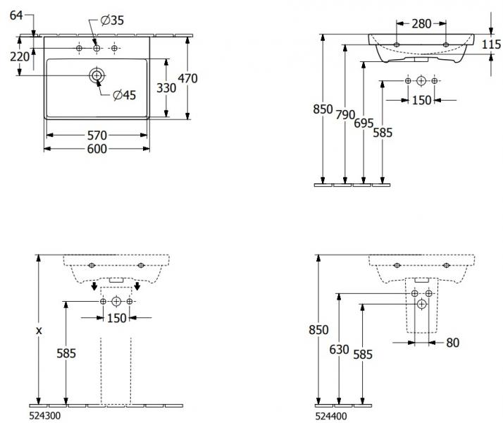 V&B Avento 60 håndvask t/væg - 1/3 hanehuller V&B Avento 60 håndvask t/væg - 1/3 hanehuller