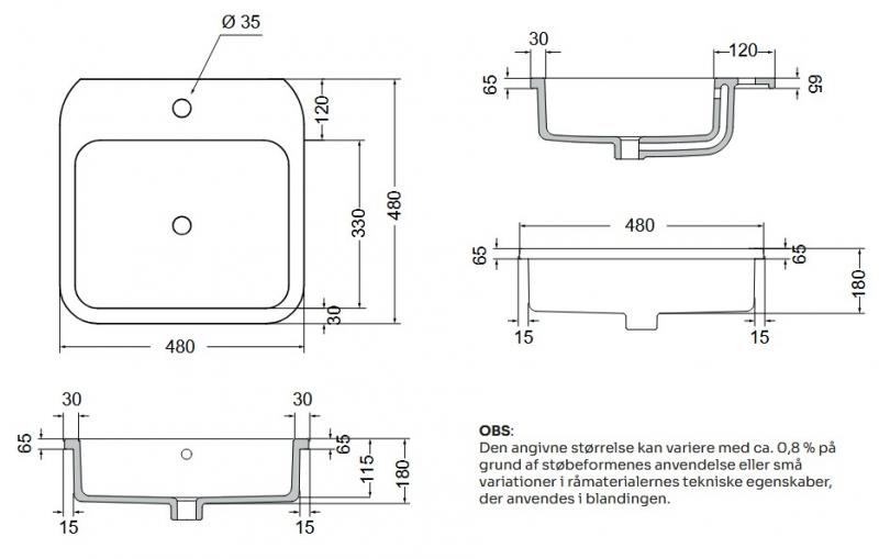 Lavabo Cosa 48 håndvask t/nedfældning - 1 hanehul
