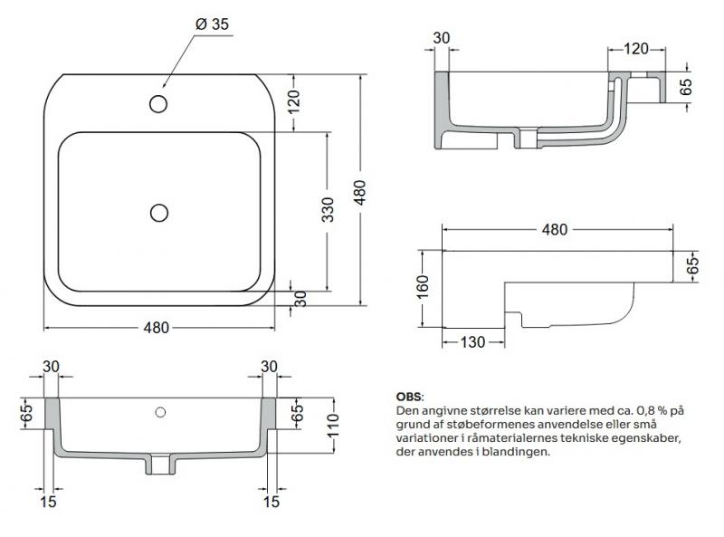 Lavabo Cosa 48 håndvask t/delvis nedfældning - 1 hanehul