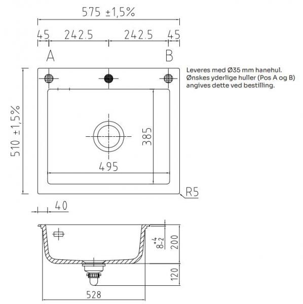 Lavabo Mera 57 porcelænskøkkenvask - Messing afløb