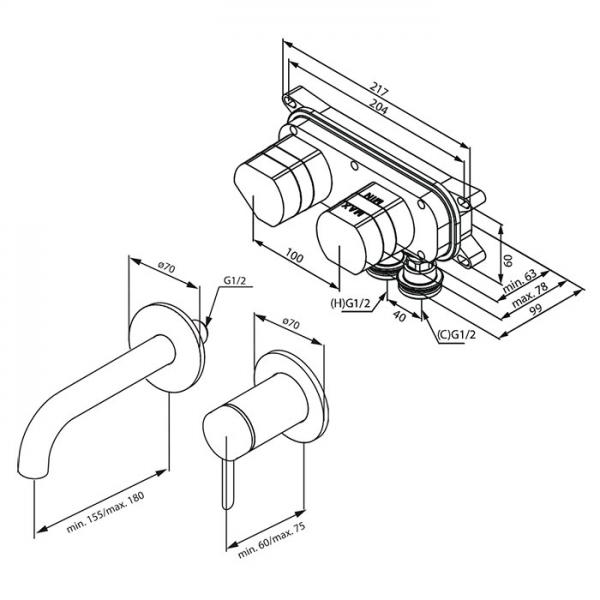 Damixa Iris komplet håndvaskarmatur til indbygning - Børstet grafitgrå