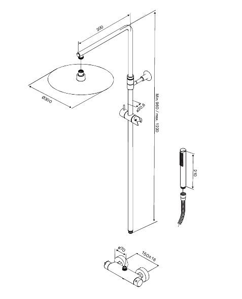 Damixa Iris 300 komplet brusesystem m/termostat - Børstet messing
