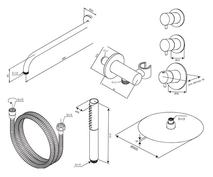 Damixa Iris XS 1 300 brusesæt til indbygning - Krom
