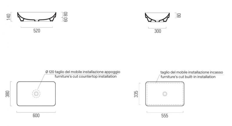 GSI Pura 60 fritstående bowlevask - Firkantet - Uden overløb - Creta