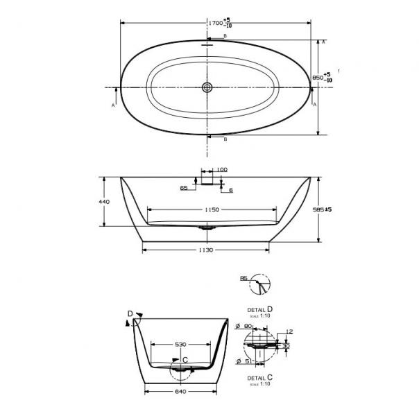 Str&oslash;mberg Fermo oval fritst&aring;ende badekar 1700x850 mm - Mat hvid