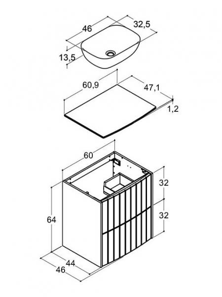 Dansani Luna Vintage 60 møbelsæt m/Stadium vask, buet og rillet front - Hvid mat Dansani Luna Vintage 60 møbelsæt m/Stadium vask, buet og rillet front - Hvid mat