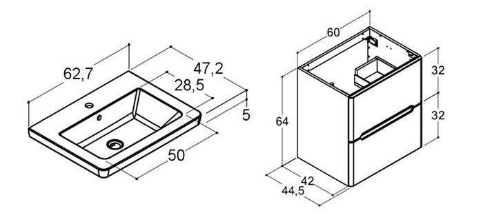 Dansani Luna Vintage 60 møbelsæt m/Larghetto vask, skuffer og integrerede greb - Valgfri farve