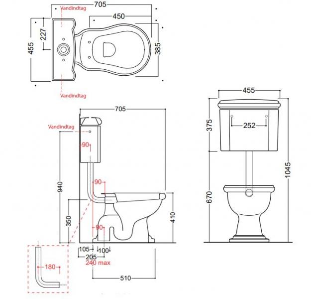 Lavabo Retro Low toilet med messing r&oslash;r og S-l&aring;s - Blank hvid
