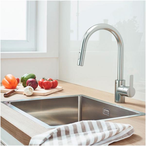 Grohe Feel køkkenarmatur m/udtræk og svingtud - Steel Grohe Feel køkkenarmatur m/udtræk og svingtud - Steel