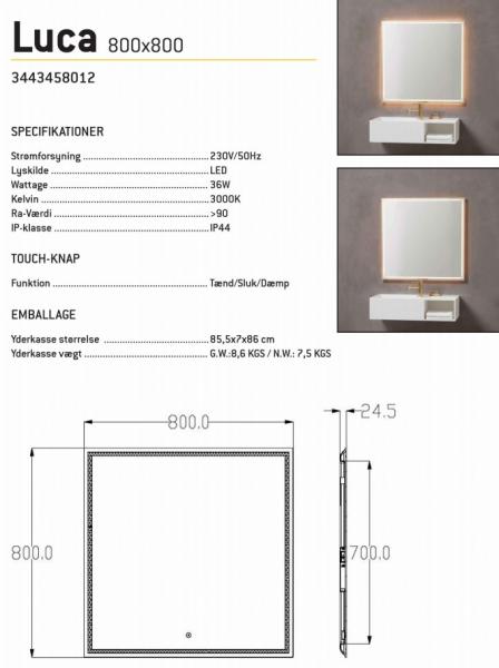 Luca firkantet spejl m/integreret LED lys, backlight og touch - 80 cm Luca firkantet spejl m/integreret LED lys, backlight og touch - 80 cm