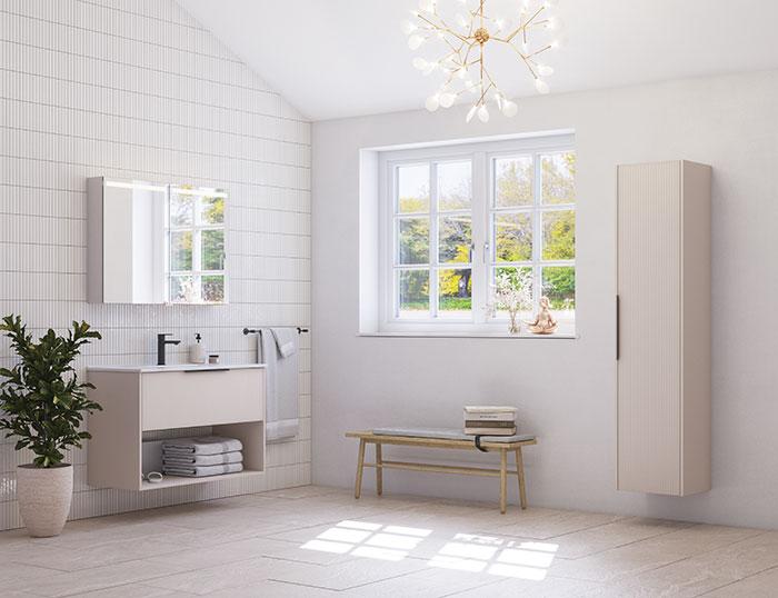 Dansani Mido+ Classic 101 møbelsæt m/Amber vask, 1 skuffe og åbent rum - Striber/mat sand Dansani Mido+ Classic 101 møbelsæt m/Amber vask, 1 skuffe og åbent rum - Striber/mat sand