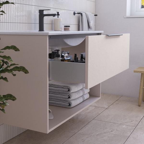 Dansani Mido+ Classic 101 møbelsæt m/Amber vask, 1 skuffe og åbent rum - Striber/mat sand Dansani Mido+ Classic 101 møbelsæt m/Amber vask, 1 skuffe og åbent rum - Striber/mat sand