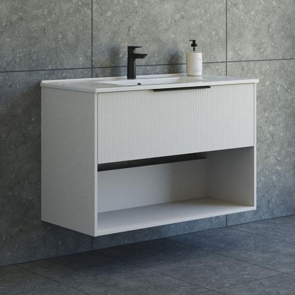 Dansani Mido+ Classic 101 møbelsæt m/Amber vask, 1 skuffe og åbent rum - Striber/mat sand Dansani Mido+ Classic 101 møbelsæt m/Amber vask, 1 skuffe og åbent rum - Striber/mat sand